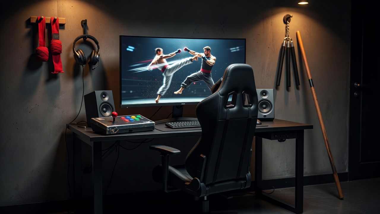 Cinematic Martial Arts Gaming Station Setup showing glowing screens and dark aesthetic decor
