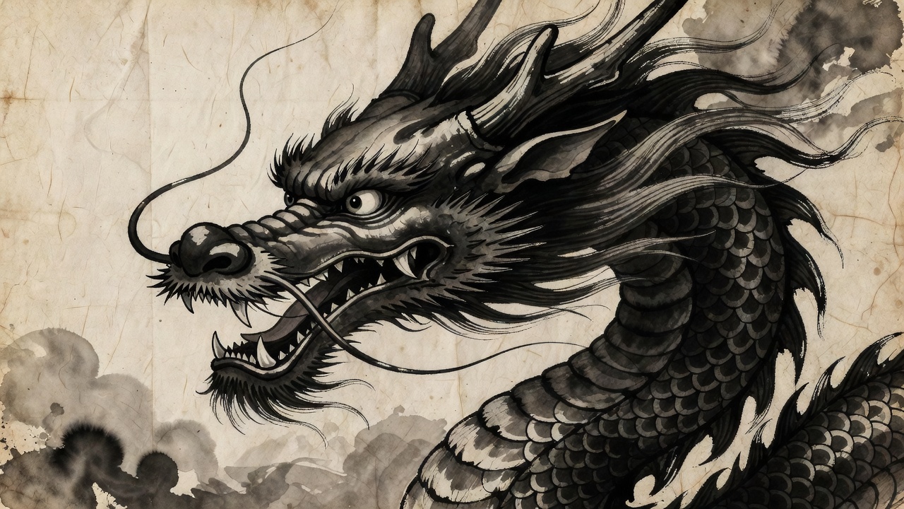 Eastern Ink Dragon Painting Close-up with detailed fluid brush strokes