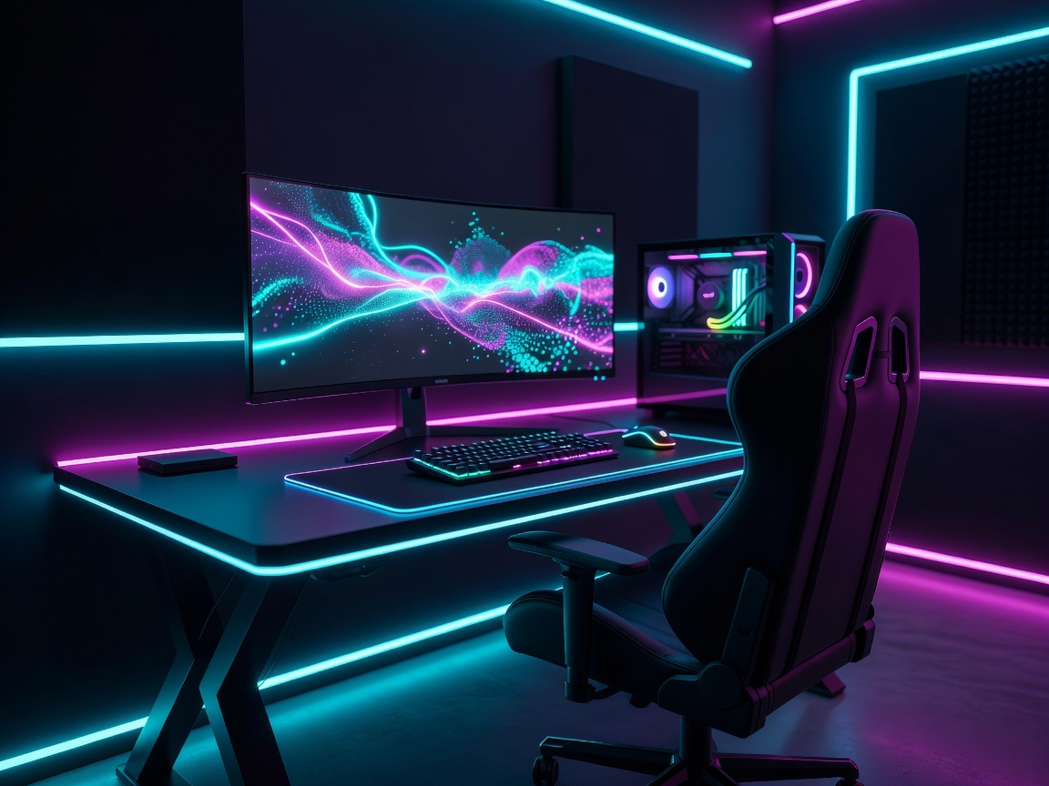 Modern Neon Gaming Environment illuminated in deep red and blue cyberpunk lighting