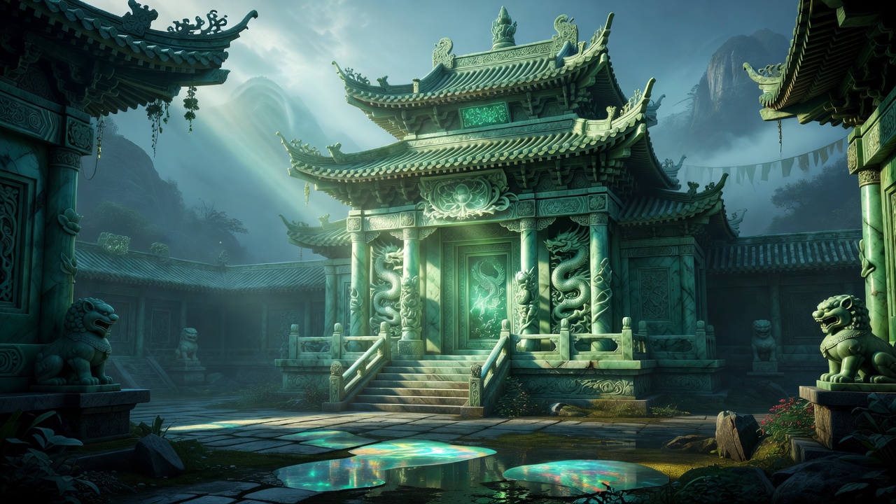Mystical Eastern Jade Temple Glow Background with soft green and golden particles