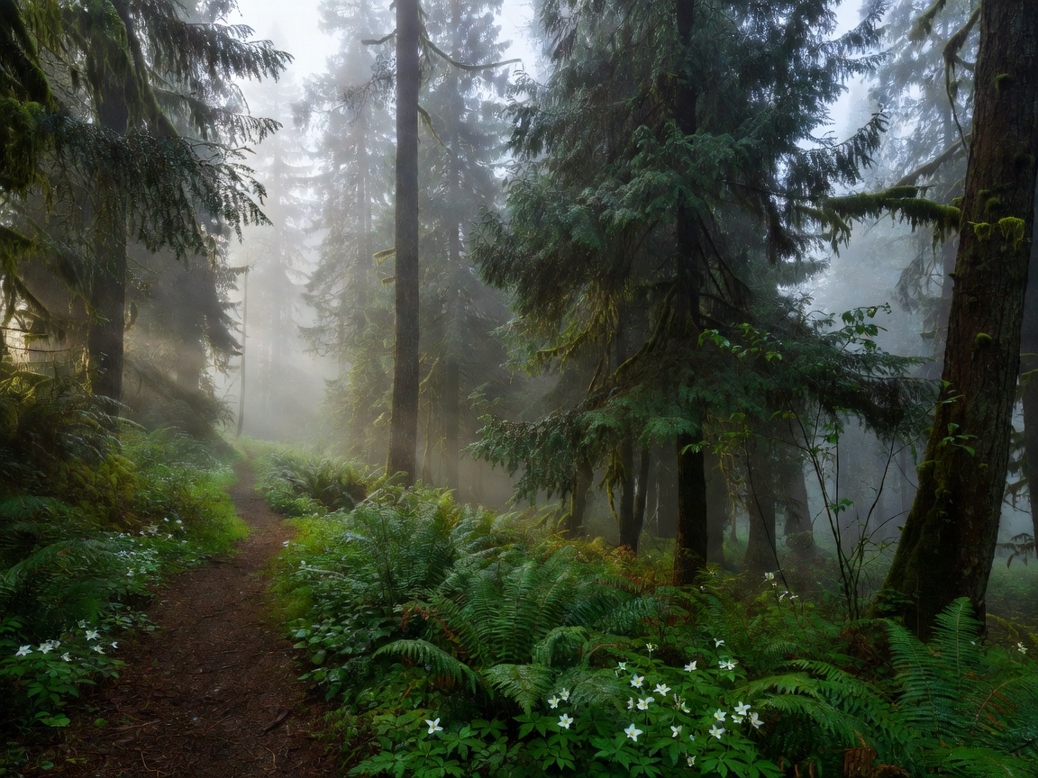 Serene Misty Forest Landscape with traditional pine trees and mountains shrouded in fog
